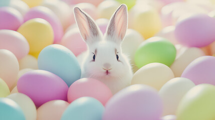 Charming white rabbit peeking through pastel-colored Easter eggs, symbolizing spring and joy in festive celebrations. Perfect for holiday-themed projects.