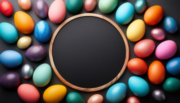 Sch&ouml;ne bunt gef&auml;rbte Eier umgeben einen schwarzen leeren Kreis mit Platz f&uuml;r Text zu Ostern.
