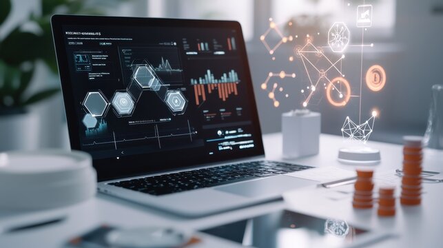 Close-up of a healthcare blockchain dashboard on a laptop,