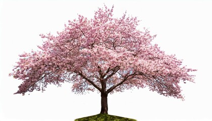 Obraz premium a tall blossoming cherry blossom tree with pink flowers isolated on white background file capturing the beauty of spring