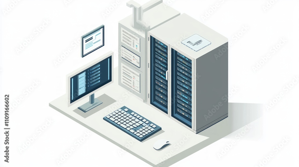 Poster isometric illustration of a computer server room with a desktop computer, keyboard, mouse, and serve