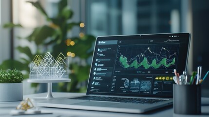 Close-up of a healthcare blockchain dashboard on a laptop,