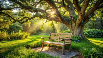 Fototapeta premium A solitary bench sits beneath a majestic tree, bathed in the golden rays of the morning sun, inviting a moment of tranquility and contemplation.