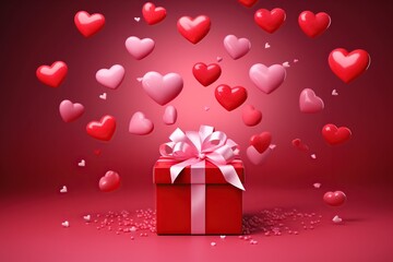 Obraz premium Gift box with red and pink heart shaped balloons on red background for Valentine's Day.
