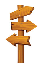 Wooden signpost with three blank directional arrows on a white background. Vector cartoon illustration