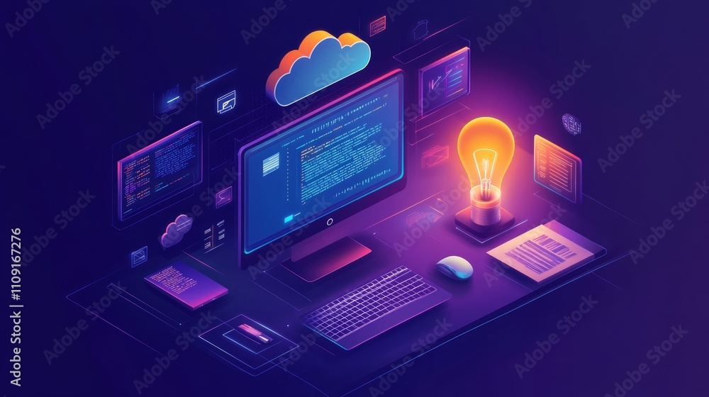 Aufkleber isometric illustration of a computer with code, cloud storage, and a glowing lightbulb, symbolizing 