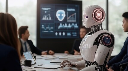 A humanoid robot interacting with a group of professionals in a meeting room,