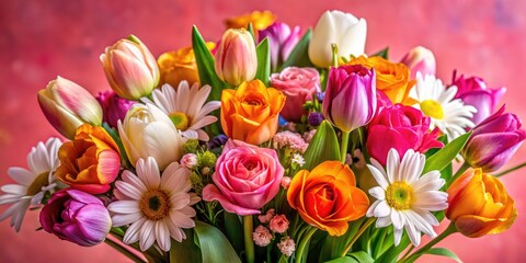 Obraz premium Vibrant Macro Floral Bouquet on Soft Pink Wall - Colorful Blooms, Nature's Beauty, Floral Arrangement, Macro Photography, Background, Wall Decor, Spring Flowers, Floral Art