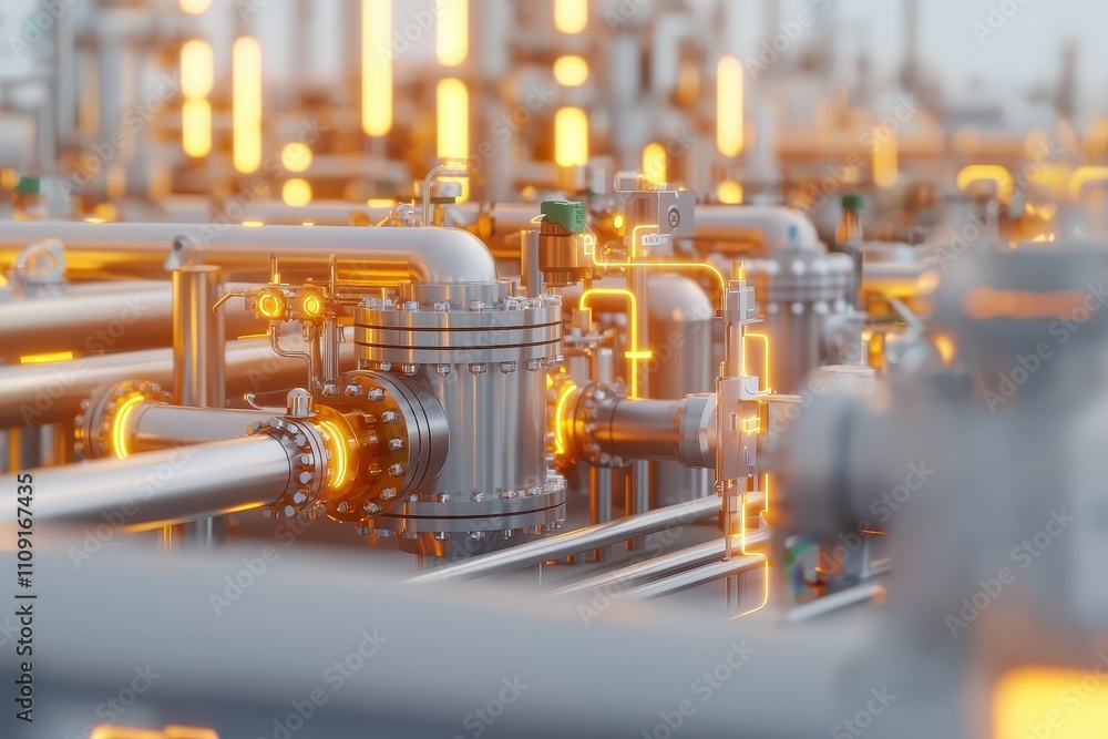 Aufkleber industrial pipeline system with bright illuminated valves and connection points