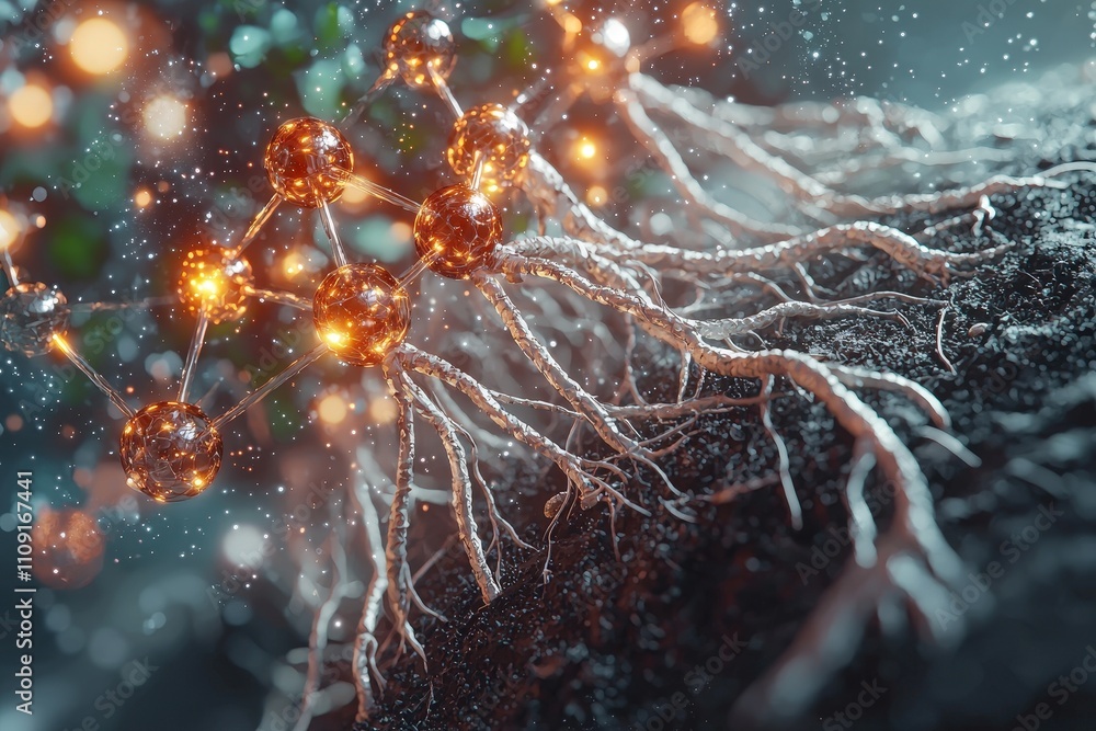 Poster detailed visualization of molecules and roots interacting in an abstract environment