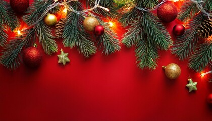 pine branches with string lights and baubles on a vibrant red background creating a festive christmas border perfect for holiday designs