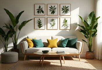 Fototapeta premium Interior of living room with green houseplants and sofas