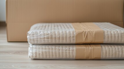 Close-up of two rolled mattresses wrapped in plastic and secured with cardboard, placed on a wooden floor near a box.