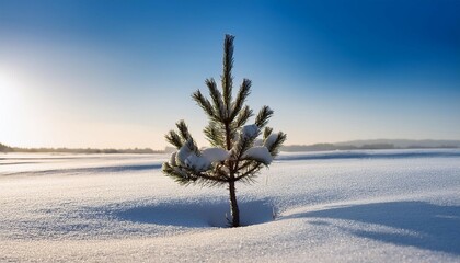 a lone pine sapling stands resilient in a serene snowy landscape ai