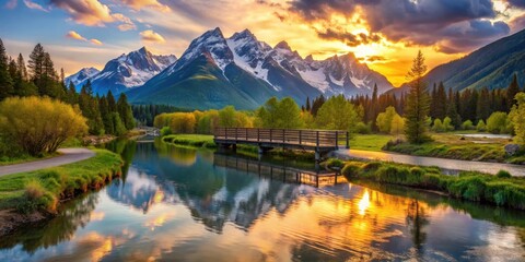 Obraz premium A Tranquil Sunset Over Mountain Ranges Reflected in a Serene River With a Wooden Bridge