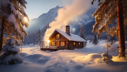 a cozy cabin emits smoke from its chimney in a serene snow covered winter landscape ai