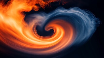 Fototapeta premium A dynamic swirl of vibrant orange and indigo hues blending seamlessly with a misty texture, evoking a sense of energy and depth, set against a pitch-black surface.