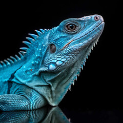 Obraz premium blue iguana closeup on reflection with black back