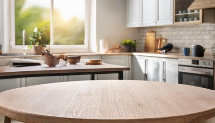 Fototapeta premium round kitchen table in front of blurred kitchenware furniture and window interior background
