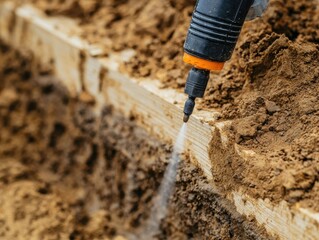 Close-up of a pesticide sprayer treating a wooden foundation surrounded by soil to prevent termite infestation and wood damage.