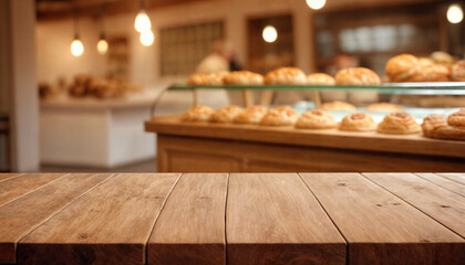 Wooden board empty table background. abstract blurred bakery shop background