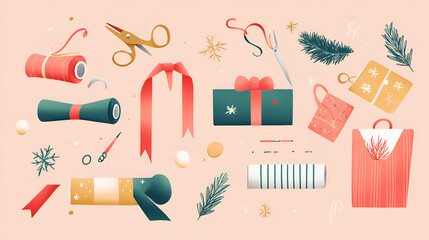 Vibrant illustration of holiday gift wrapping essentials including scissors, ribbons, and wrapping paper. Perfect for seasonal decorating and crafting ideas.
