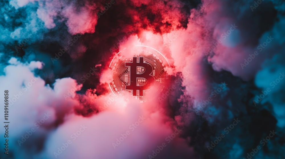 Poster bitcoin logo surrounded by vibrant red and blue smoke creating a dramatic and mysterious atmosphere,