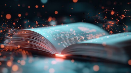 Enchanted Open Book with Glowing Text and Sparkling Particles in a Dark Background