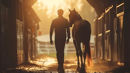 Young jockey walking with a horse out of a stable. Man leading equine out of barn. Male silhouette with stallion. Rear back view. Love for animal. Beautiful background.