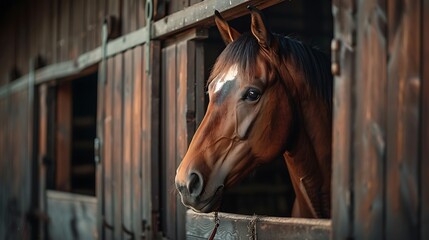 Obraz premium Cropped image of brown Thoroughbred horse in stable. Concept of rural rest and leisure. Green tourism. Idea of farm animal lifestyle