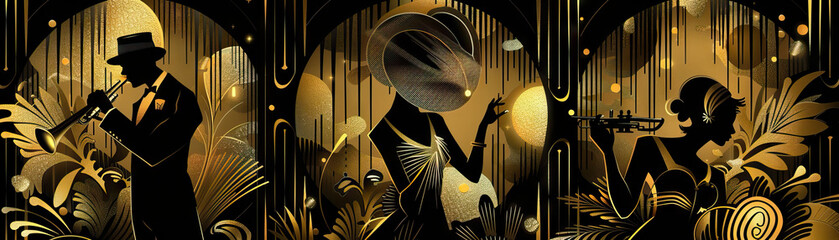 Jazz Age: Roaring twenties colors like art deco gold, speakeasy black, and flapper dress silver create a jazz age theme © Lila Patel