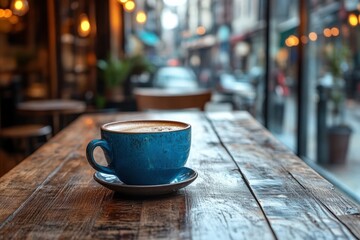 Cozy Cafe Scene with Blue Coffee Cup