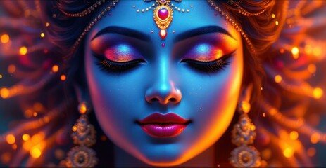 Stunning close-up of an artistic Hindu goddess with divine expression, intricate jewelry, and colorful attire, embodying grace, spirituality, and culture.