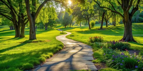Fototapeta premium A winding stone path cuts through a lush, green meadow, shaded by the outstretched branches of towering trees, bathed in the soft glow of the rising sun