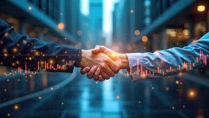 Business handshake in a futuristic digital environment with glowing blue and red lights, symbolizing corporate partnership and technological innovation.