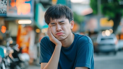 Fototapeta premium Young Person Experiencing Toothache While Holding His Face in Pain