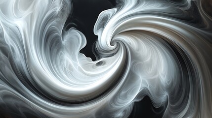 Obraz premium A dynamic swirl of vibrant pearlescent white and charcoal hues blending seamlessly with a misty texture, evoking a sense of energy and depth, set against a charcoal backdrop.