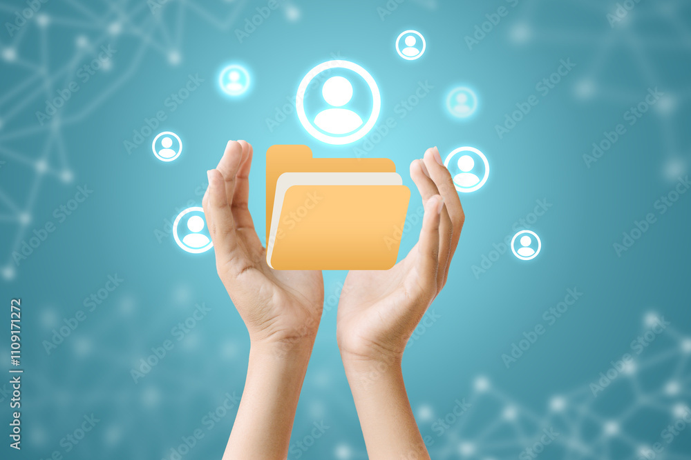 Aufkleber a pair of hands holding a yellow folder with surrounding network icons, symbolizing data management 
