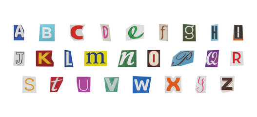 Isolated Ransom Letter Pack with cutout Y2K style english alphabet, retro style colorful png letters set in transparent background