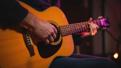 Obraz premium Musician playing an acoustic guitar on stage with warm lighting, perfect for music-themed projects, concert visuals, and creative design inspirations