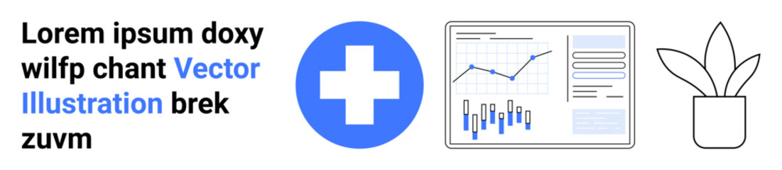 Blue medical cross, data analytics screen with charts, and a potted plant. Ideal for healthcare, data analysis, medical reports, business dashboards, health technology, modern interfaces