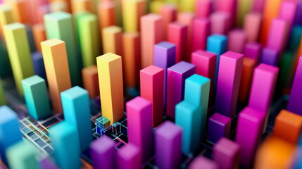 Obraz premium A cluster of 3D bar graphs in vibrant colors emerging from a digital grid, showing data insights