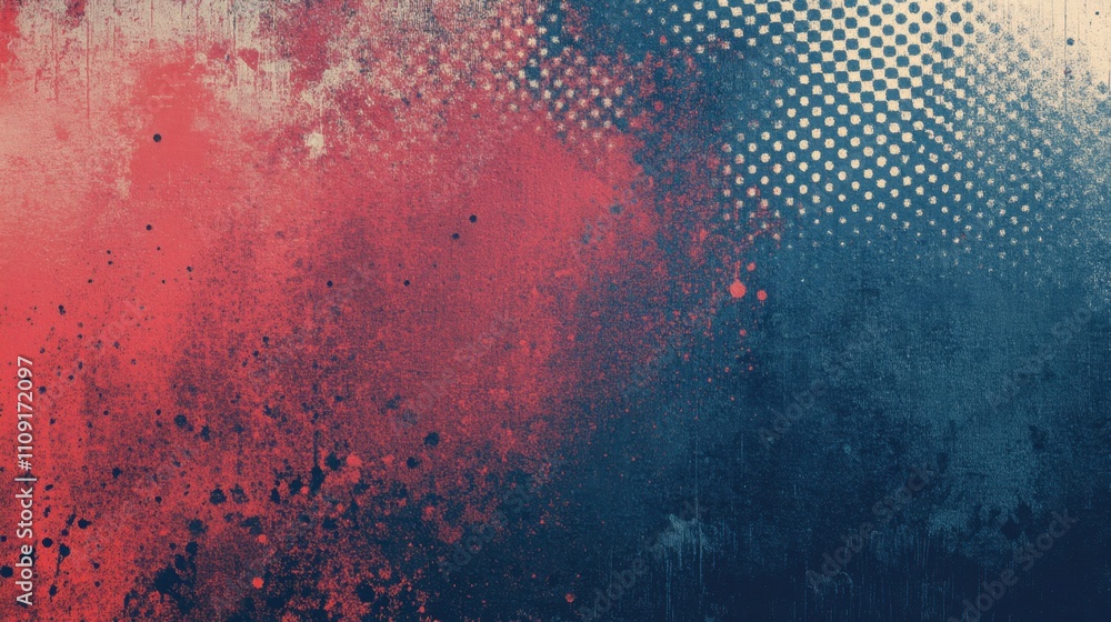 Poster halftone dots fade into a red-to-blue gradient, creating a grunge-style textured background with a m