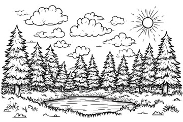 Line art hand drawn contour mountain landscape scenery with river and sun isolated on white background. Art illustration, stylish in black, ink colour.
