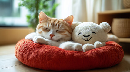 Cat Sleeping on Plush Bed with Stuffed Toy