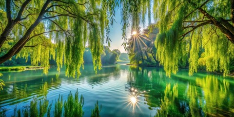 Obraz premium A tranquil scene of a serene lake with lush foliage and sunbeams reflecting on the water surface