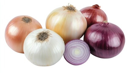Selection of whole onions, white, yellow, red, transparent background