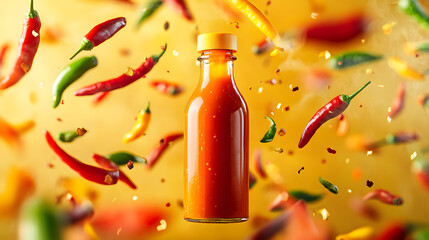 Dynamic Product Photography of a Hot Sauce Bottle Surrounded by Colorful Peppers in Motion
