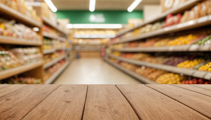 Empty wooden table with supermarket space as background.