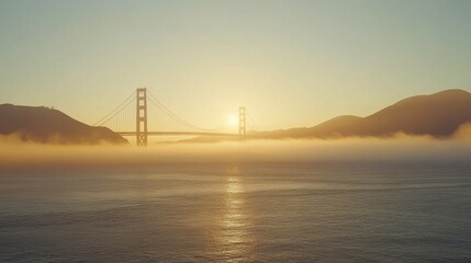 Fototapeta premium Iconic Golden Gate Bridge partially hidden by morning fog as the sun rises, creating a dreamy ambiance